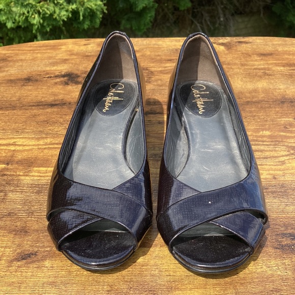 Cole Haan x Nike Air Metallic Peep Toe Wedge Sandal Black Patent Leather Size 7B - Picture 2 of 8